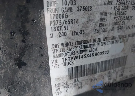 2004 Ford F-150 Fx4/Lariat/Xlt from USA, damaged, VIN 1FTPW145X4KB00920